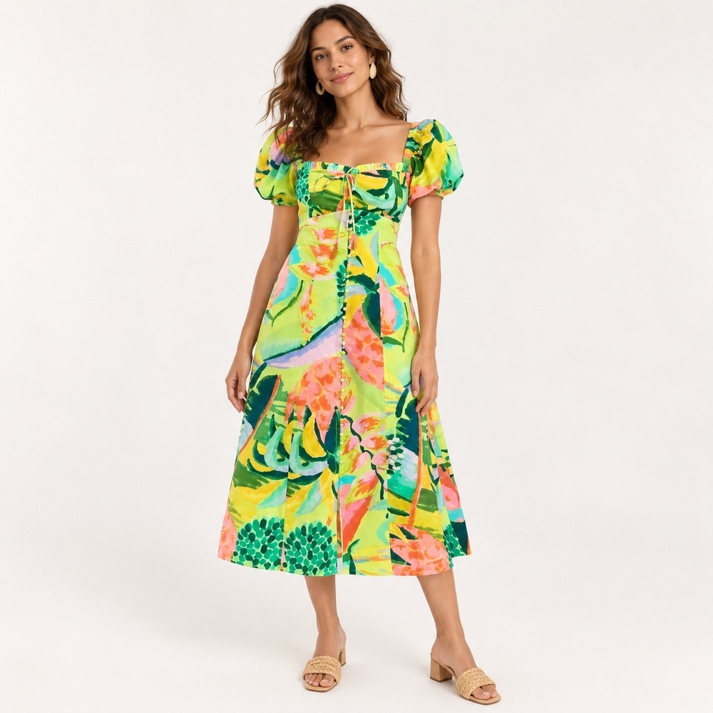 FARM Rio Tropical Collage Linen Blend Midi Dress Puff Sleeve XS Anthropologie